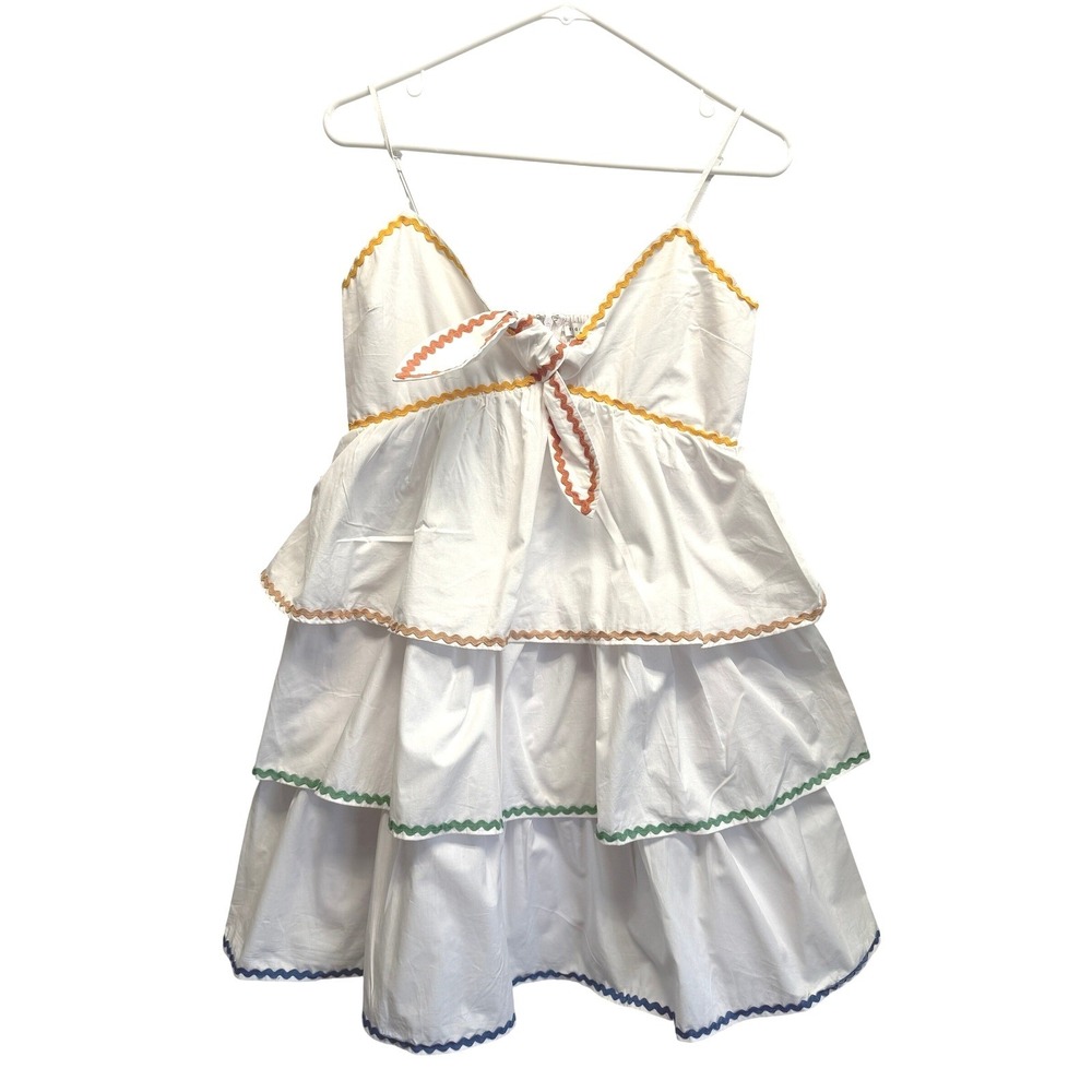English Factory Dress Ric Rac Tiered Mini Small White Women